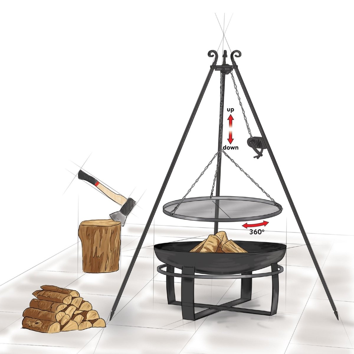 VIKING – XXL 180cm Schwenkgrill mit Kurbel &  Ø 80 cm Grillrost für echtes Grillvergnügen